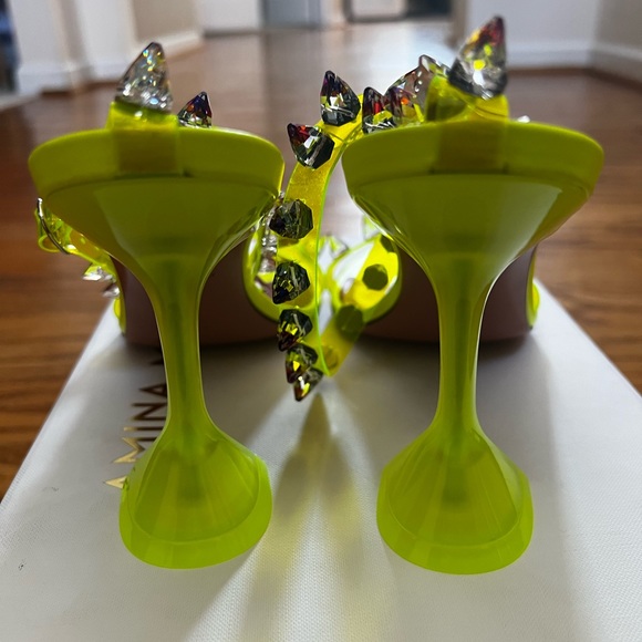 😊SOLD😊 Amina Muaddi Fluo yellow Julia Jewel Clear Sandals in 40 - Picture 12 of 15